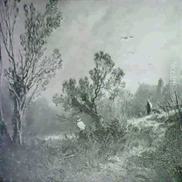 An Angler On A Wooded Riverbank Oil Painting by Charles Hoguet