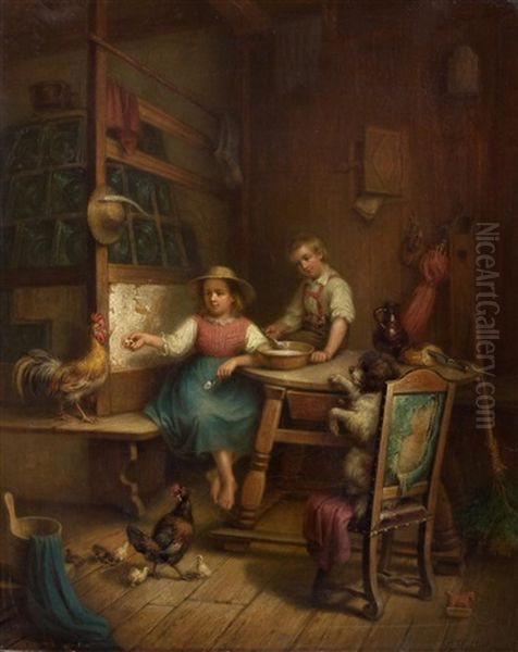 Brother And Sister With Family Of Hens And Dog In A Room Oil Painting by Friedrich Hohbach