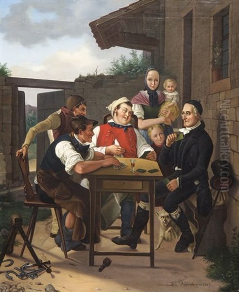 Johann Gaspar Lavater Beim Landlichen Kartenspiel Oil Painting by Friedrich Hohbach