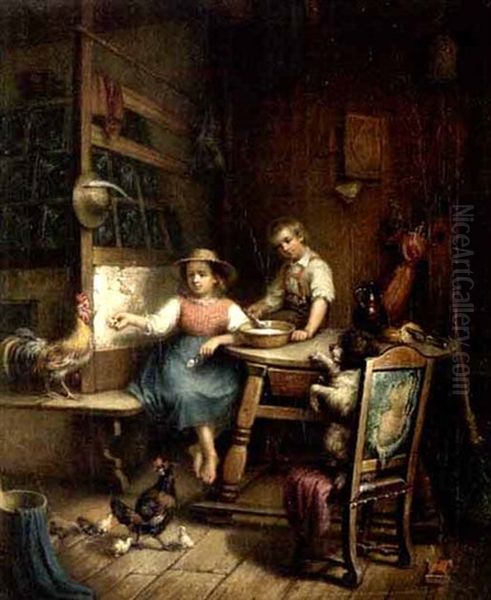 Kinder Mit Tieren In Der Stube Oil Painting by Friedrich Hohbach