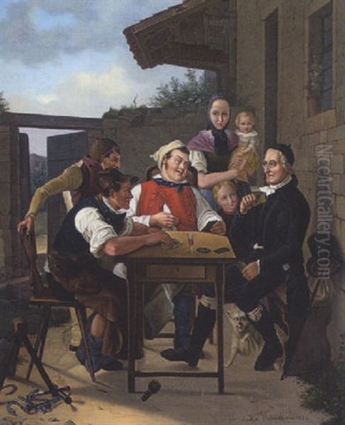 Kartenspieler Vor Der Dorfschmiede Oil Painting by Friedrich Hohbach