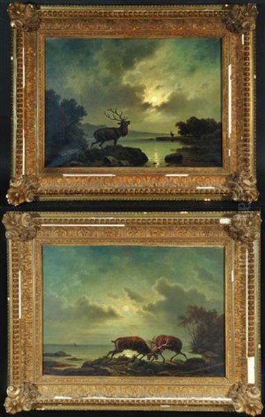 Zwei Rohrende Hirsche Am Seeufer Bei Vollmond Und Zwei Kampfende Hirsche Am Seeufer Bei Vollmond (2 Works) Oil Painting by Friedrich Hohe