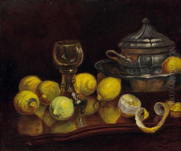 Stillleben Mit Zitronen, Glas Und Terrine Oil Painting by Franz Hohenberger