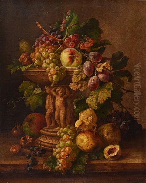 Still Life - Tazza With Mixed Fruit On A Ledge Oil Painting by Franz Hohenberger