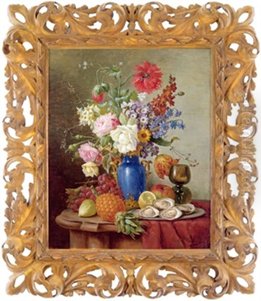 Blumenstuck In Blauer Vase Mit Ananas, Weintrauben Und Anderen Fruchten Oil Painting by Franz Hohenberger