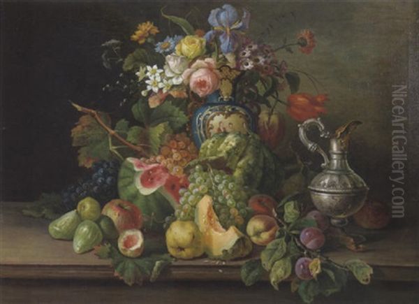 Stilleben Mit Buntem Blumenstraus, Fruchten Und Karaffe Oil Painting by Franz Hohenberger