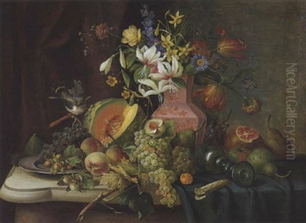 Stilleben Mit Buntem Blumenstraus, Fruchten Und Vogel Oil Painting by Franz Hohenberger