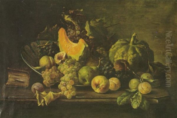 A Still Life With A Squash, Peaches, Grapes, Other Fruit And A Bowl And A Book On A Tabletop Oil Painting by Franz Hohenberger