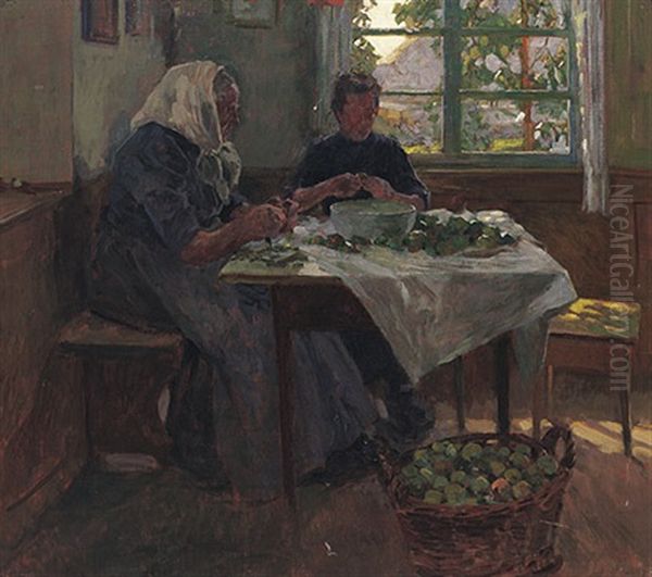 Apfelschalende Frauen In Schwarzwaldstube Oil Painting by Adolfo Hohenstein