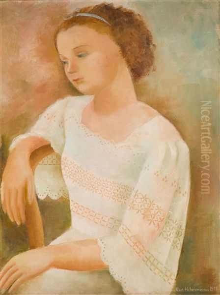 Portrait Of Gizela - White Dress Oil Painting by Alice Hohermann