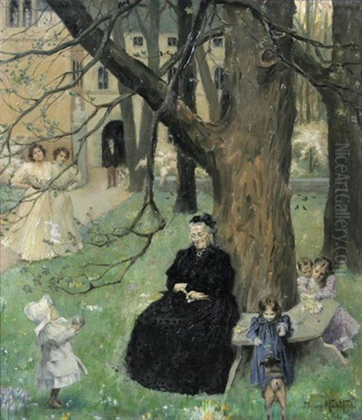 Die Grosmutter. Alte Dame In Einem Schlospark, Umgeben Von Ihren Kindern Und Enkelkindern by Bruno Hohlfeld