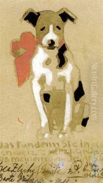 Hund Mit Roter Schleife (postkarte) Oil Painting by Ludwig Hohlwein