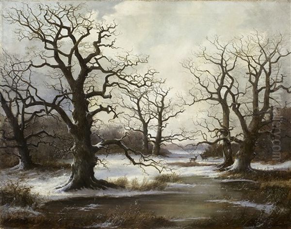 Winterlandschaft Mit Alten Eichen Und Zwei Hirschen Oil Painting by Georg Hoehn