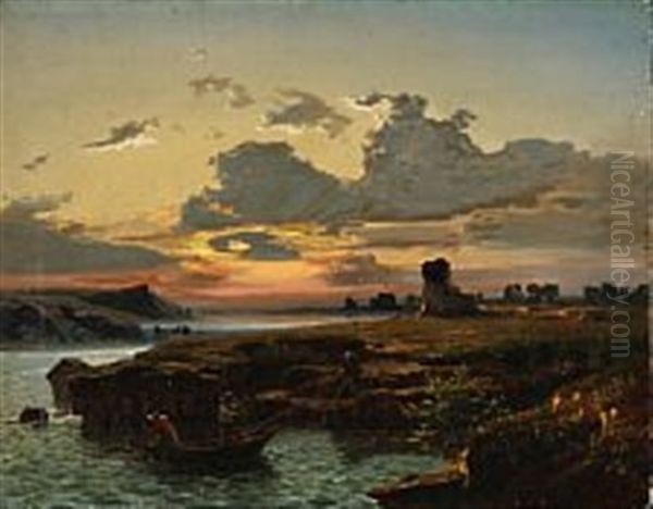 Fishermen At Sunrise Oil Painting by Adolf Hohneck