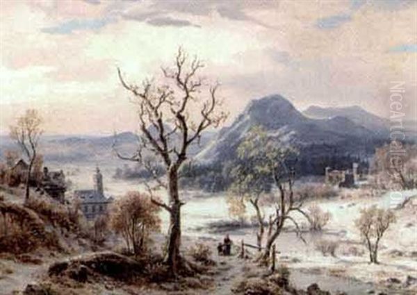 Weite Winterlandschaft Mit Zugefrorenem See Und Einem Dorf Oil Painting by Adolf Hohneck