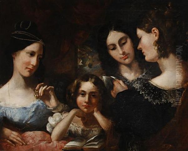 Portrait Of Four Girls Said To Be Laura, Octavia, Rosamond And Emily Barker Oil Painting by Lucette E. Barker