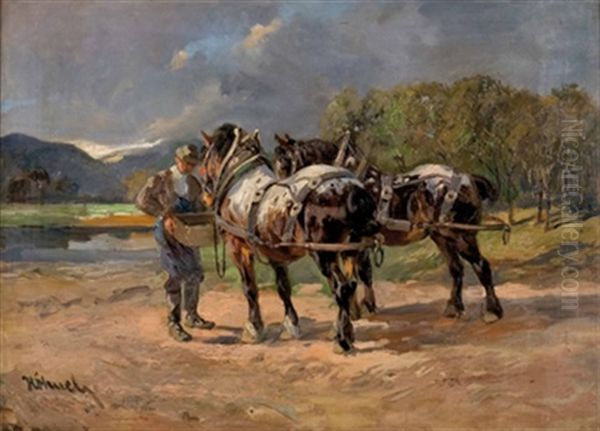 Bauer Mit Zwei Aufgezaumten Zugpferden Oil Painting by Wilhelm Hohnel