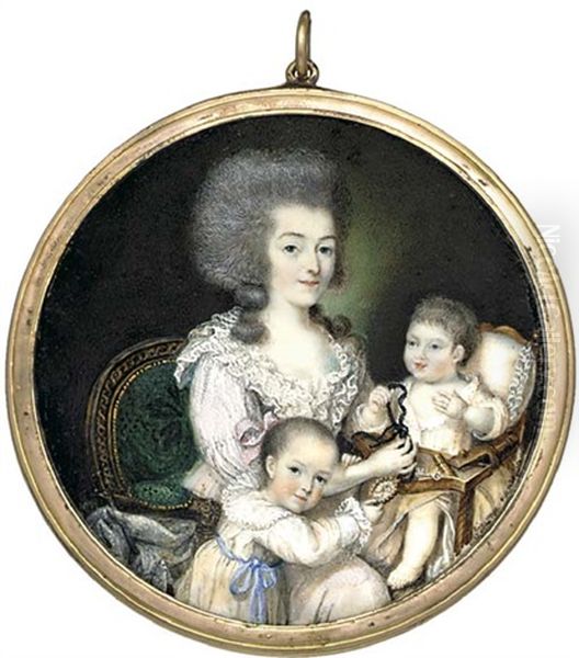 A Group Portrait Of A Mother With Her Two Children, She Wearing A White-dotted Pink Chemise A La Reine With Frilled Lace Collar And Seated In A Green-upholstered Armchair Oil Painting by Francois Joseph Hohr