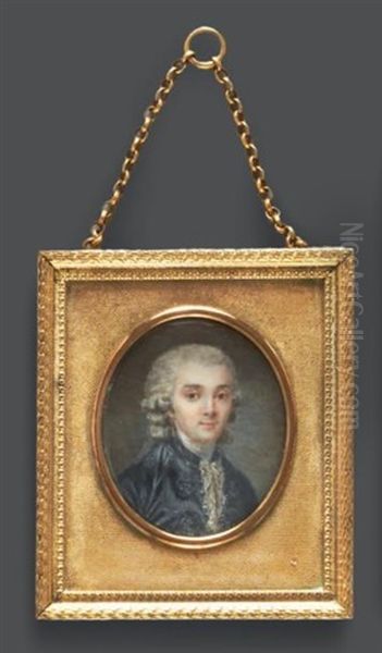 Portrait De Jeune Homme En Habit De Soie Gris-bleu Et Perruque A Rouleaux, En Buste De Trois-quarts Vers La Droite, Presque De Face Oil Painting by Claude-Jean-Baptiste Hoin