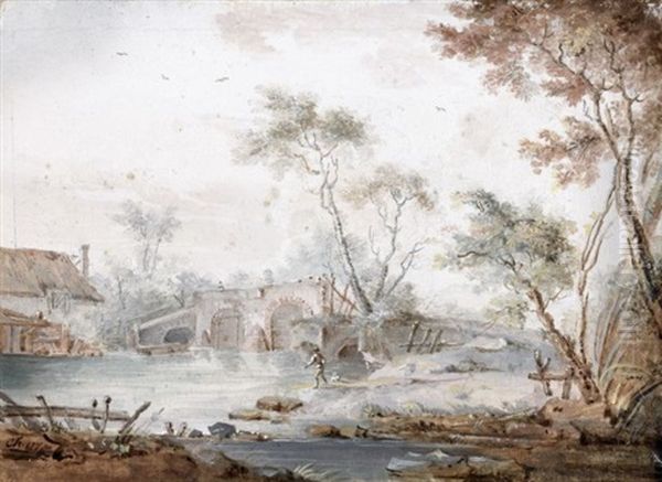 Pecheur Au Pied D'un Pont (+ Lavandiere Devant Un Moulin; Pair) Oil Painting by Claude-Jean-Baptiste Hoin