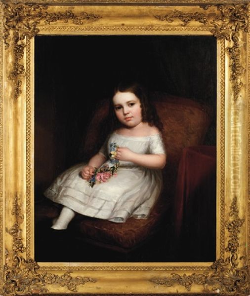 Portrait Of Amanda Fiske In A White Dress And Holding Flowers Oil Painting by Albert Gallatin Hoit