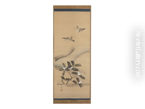 A Biwa And Two Birds Oil Painting by Sakai Hoitsu