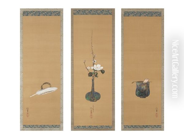 Raku/white Camellia/feather Brush (a Set Of Three Scrolls) Oil Painting by Sakai Hoitsu