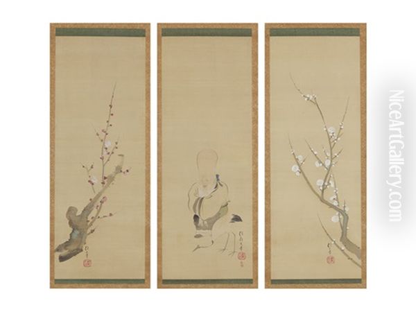 The God Of Longevity, A Crane And Plum Trees (a Set Of Three Scrolls) Oil Painting by Sakai Hoitsu