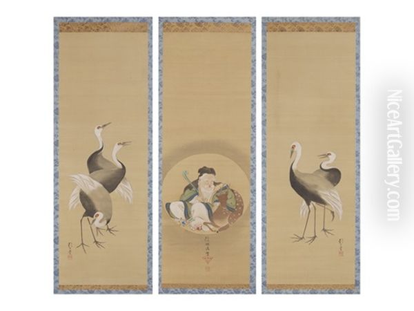 Jyuro With Circular Window/cranes (a Set Of Three Scrolls) Oil Painting by Sakai Hoitsu