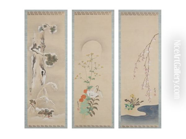 Snow, Moon And Flowers (a Set Of Three Scrolls) Oil Painting by Sakai Hoitsu