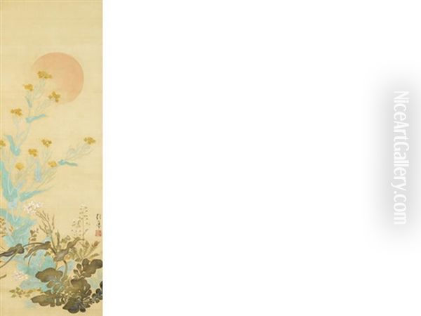 Sun And Spring Flowers (+ 2 Others; Triptych) Oil Painting by Sakai Hoitsu