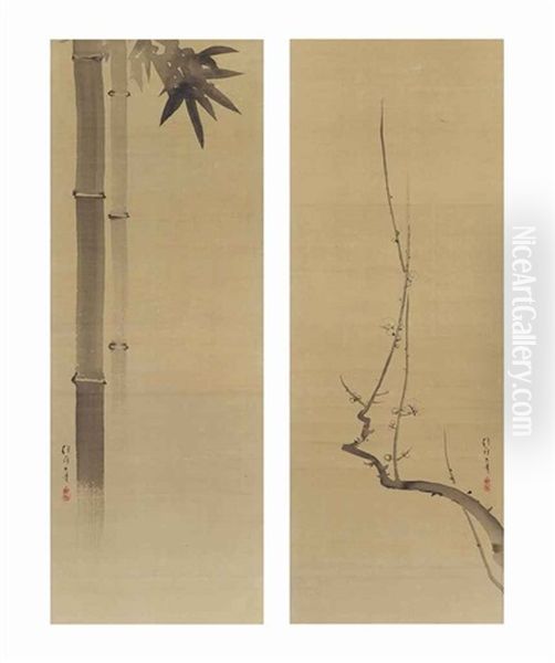 Bamboo Plants And A Gnarled Plum Branch (pair) Oil Painting by Sakai Hoitsu