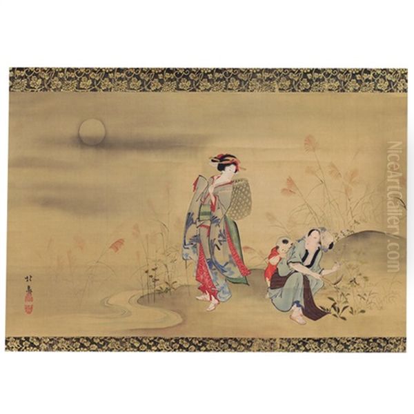 Haha Ko Mago Akikusagari No Zu Oil Painting by  Hokuba