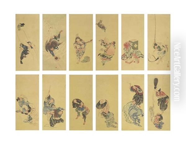 Immortals, Gods Of Good Fortune And Kyogen Actors (12 Works Mountaed As A Pair Of 6-panel Screens)) Oil Painting by  Hokusai