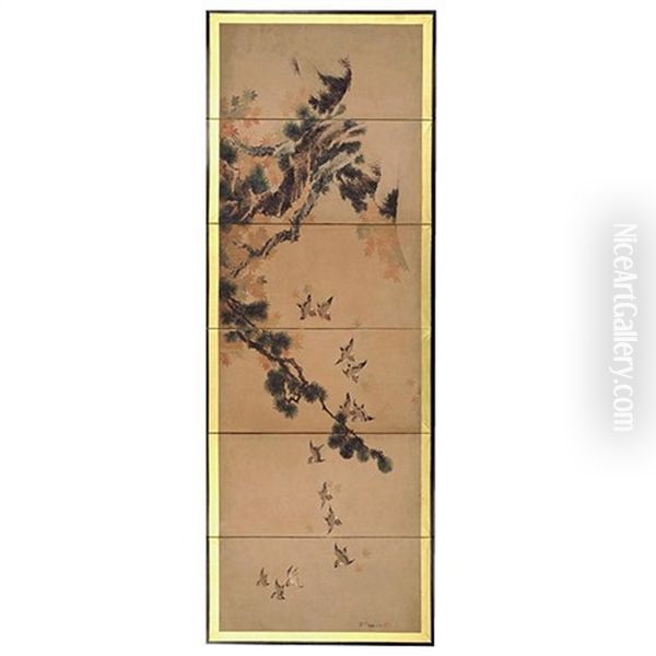 Shoka Gunjaku Zu Byobu (in 6 Parts) Oil Painting by  Hokusai