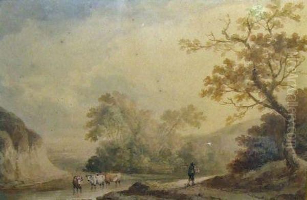 Herder And Cattle In River Landscape Oil Painting by Benjamin Barker Of Bath