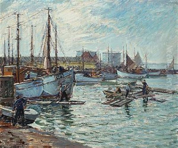 Fishermen And Ships In A Harbour Oil Painting by Niels Holbak