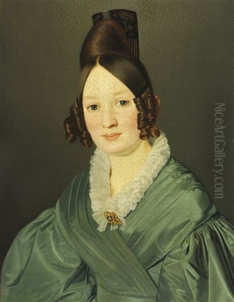 Portrait Of A Young Woman In A Green Silk Dress Oil Painting by Niels Peter Holbech