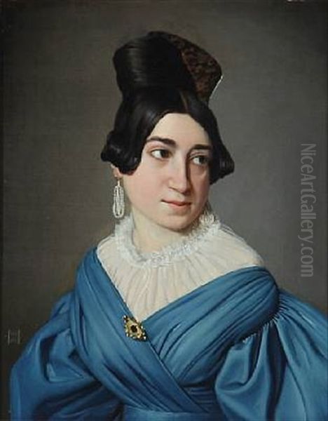 Portrait Of A Young Lady In Blue Dress With Gold Brooch Oil Painting by Niels Peter Holbech