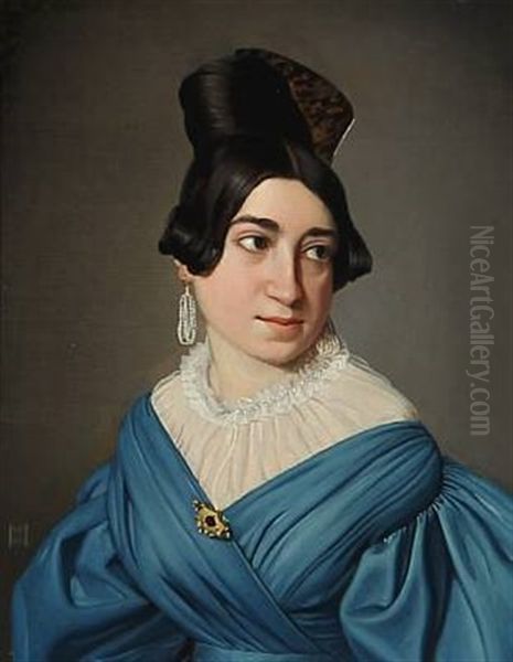 Portrait Of A Young Girl In A Blue Dress With A Gold Brooch. Her Hair With A Large Bone Buckle And Large Pearl Ear Studs Oil Painting by Niels Peter Holbech