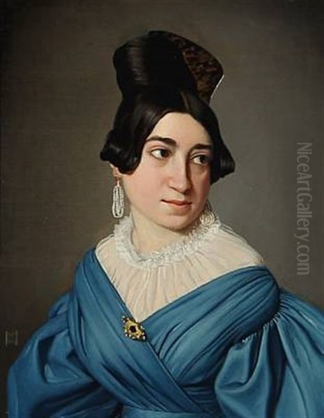 Portrait Of A Young Girl In A Blue Dress With A Gold Brooch. Her Hair With A Large Bone Buckle And Large Pearl Ear Studs by Niels Peter Holbech