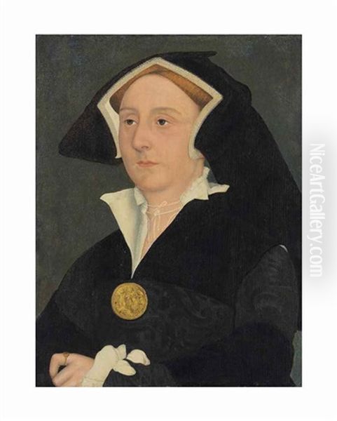 Portrait Of Elizabeth Jenks, Lady Rich (d. 1558), Half-length, In A White Shirt And Black Dress And Headdress Decorated With Pearls And Gold Medallion Oil Painting by Hans Holbein the Younger