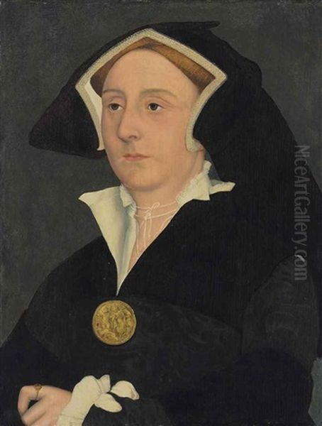 Portrait Of Elizabeth Jenks, Lady Rich In A White Shirt And Black Dress And Headdress Decorated With Pearls And Gold Medallion Oil Painting by Hans Holbein the Younger