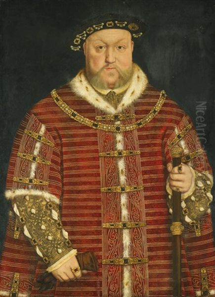 Portrait Of King Henry Viii, Half-length, Wearing A Richly Embroidered Red Velvet Surcoat, Holding A Staff Oil Painting by Hans Holbein the Younger