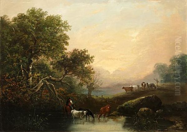 Wooded River Landscape With Cattle Watering, And Another Similar, A Pair Oil Painting by John Joseph Barker Of Bath