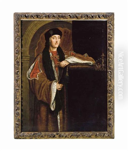 Portrait Of King Henry Vii, Standing Three-quarter Length, In A Gold Ermine Lined Cloak And Black Cap, A Crown At His Side Oil Painting by Hans Holbein the Younger