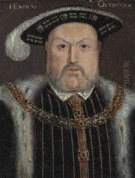 Portrait Of King Henry Viii (1491-1547), Bust-length, In A Fur-lined Cloak And Gold-brocade Doublet, With A Chain And Feathered Black Hat Oil Painting by Hans Holbein the Younger