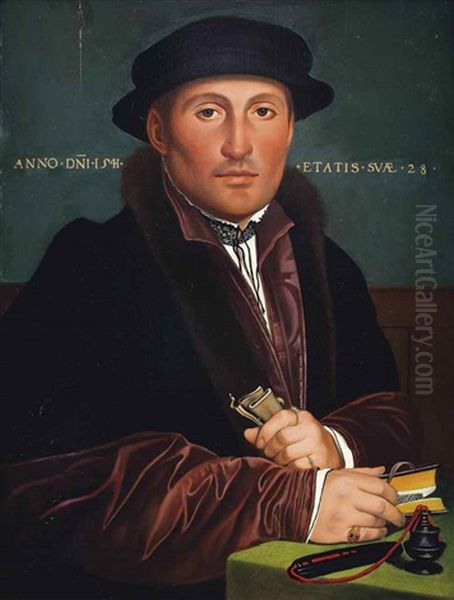 Portrait Of A Gentleman, Half-length, In A Red And Black Furlined Coat With A Black Hat, Holding A Book And A Piece Of Paper Oil Painting by Hans Holbein the Younger