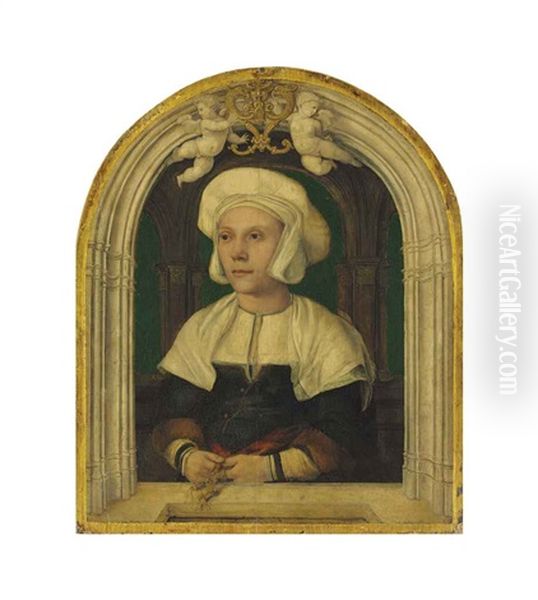 Portrait Of A Lady, Half-length, In A White Coif And Green Bodice With Fur-trimmed Sleeves, In A Trompe-l'oeil Architectural Setting With Putti Oil Painting by Hans Holbein the Younger