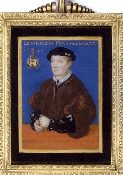 Leonhardus Baur With His Arms Resting On A Ledge, In Black Doublet, The Sleeves Slashed To Reveal White, Brown Coat With Large Lapels ... (attr. In Collab. W/bernard Lens) Oil Painting by Hans Holbein the Younger